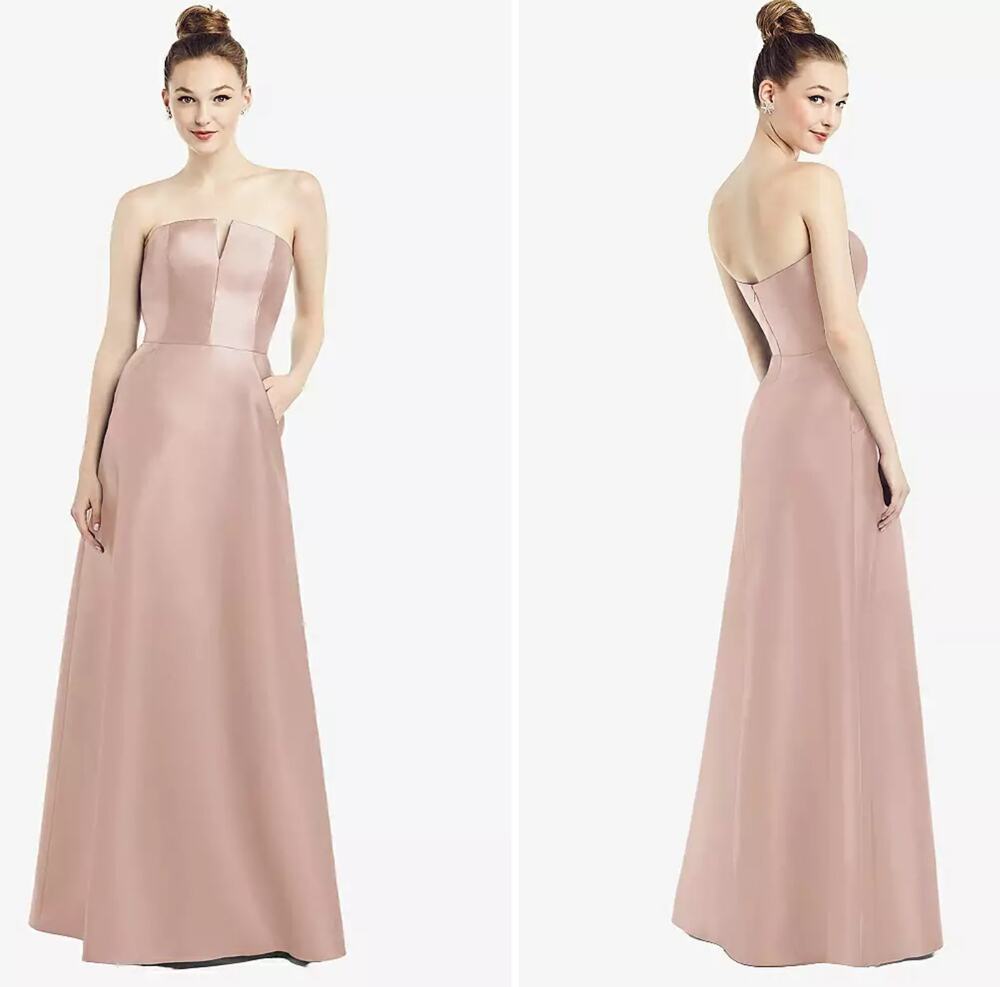 ALFRED SUNG D774 Strapless Notch Satin Gown Pockets Toasted Sugar Size 10